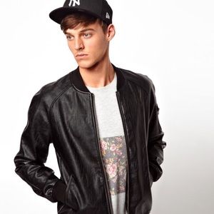 Black men's faux leather Guess bomber jacket